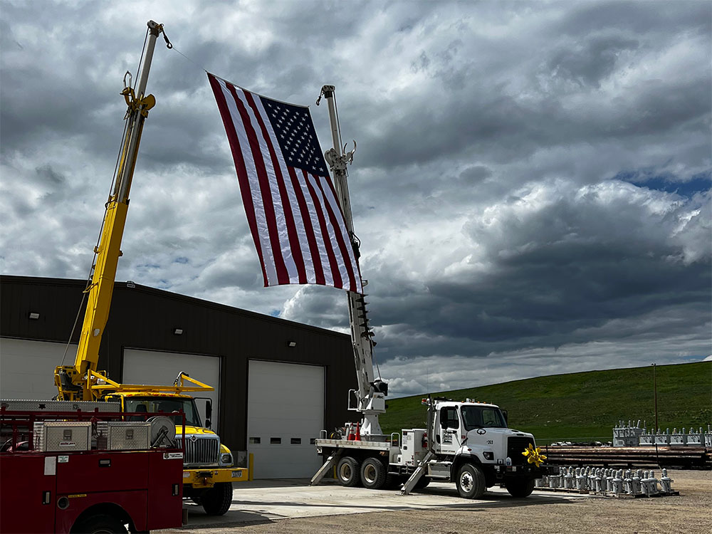 Fergus Electric flying an American Flag
